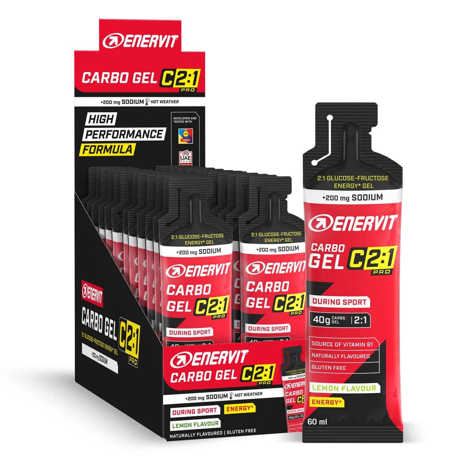 Enervit Carbo Gel C2:1PRO (Lima) — pack 24 x 60 ml, 40 g carbohidratos y 200 mg sodio para esfuerzos intensos